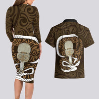 Gold New Zealand Eel Couples Matching Long Sleeve Bodycon Dress and Hawaiian Shirt Aotearoa Maori Tuna With Kotiate Weapon LT14 - Polynesian Pride