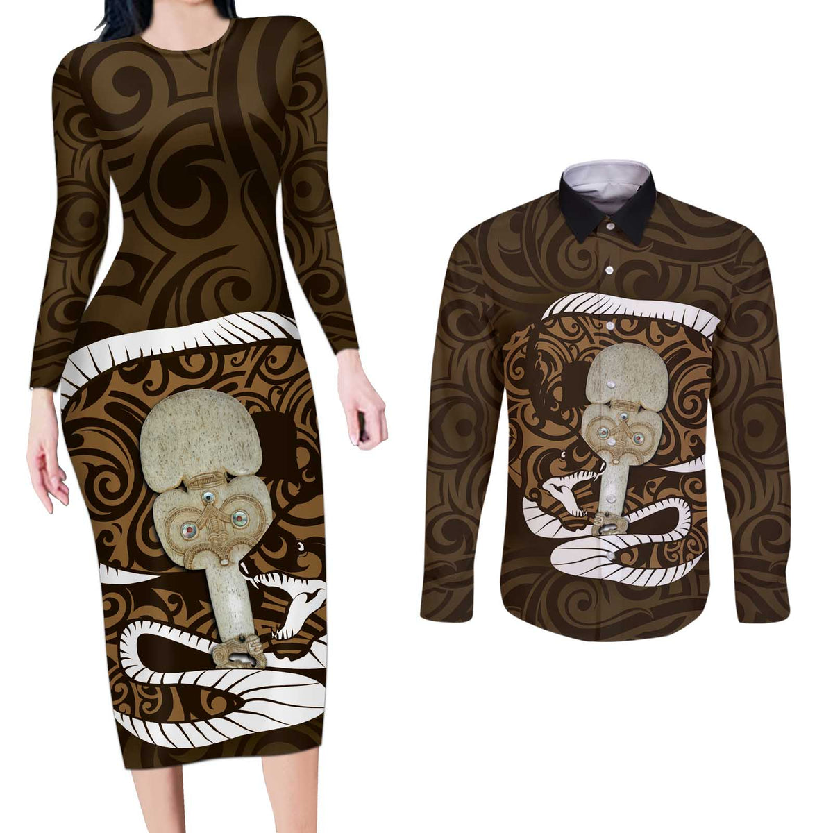 Gold New Zealand Eel Couples Matching Long Sleeve Bodycon Dress and Long Sleeve Button Shirt Aotearoa Maori Tuna With Kotiate Weapon LT14 Gold - Polynesian Pride