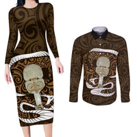 Gold New Zealand Eel Couples Matching Long Sleeve Bodycon Dress and Long Sleeve Button Shirt Aotearoa Maori Tuna With Kotiate Weapon LT14 Gold - Polynesian Pride