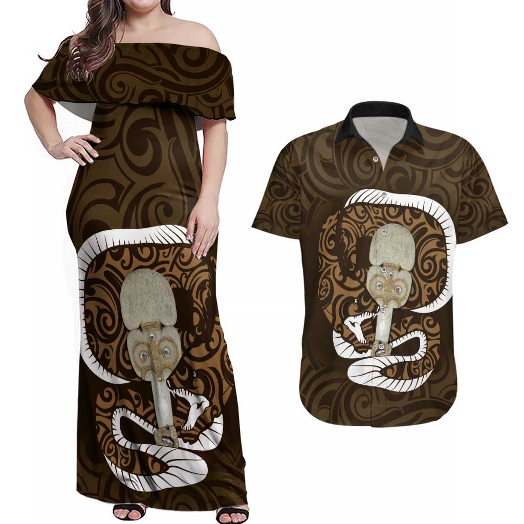 Gold New Zealand Eel Couples Matching Off Shoulder Maxi Dress and Hawaiian Shirt Aotearoa Maori Tuna With Kotiate Weapon LT14 Gold - Polynesian Pride