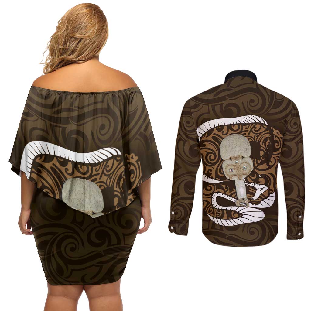 Gold New Zealand Eel Couples Matching Off Shoulder Short Dress and Long Sleeve Button Shirt Aotearoa Maori Tuna With Kotiate Weapon LT14 - Polynesian Pride