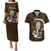 Gold New Zealand Eel Couples Matching Puletasi and Hawaiian Shirt Aotearoa Maori Tuna With Kotiate Weapon LT14 Gold - Polynesian Pride