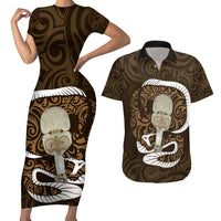 Gold New Zealand Eel Couples Matching Short Sleeve Bodycon Dress and Hawaiian Shirt Aotearoa Maori Tuna With Kotiate Weapon LT14 Gold - Polynesian Pride