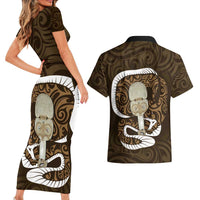 Gold New Zealand Eel Couples Matching Short Sleeve Bodycon Dress and Hawaiian Shirt Aotearoa Maori Tuna With Kotiate Weapon LT14 - Polynesian Pride
