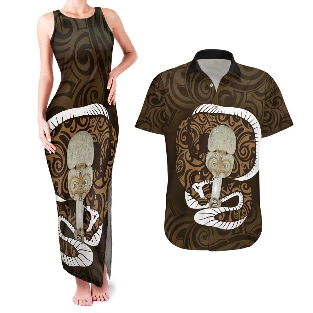 Gold New Zealand Eel Couples Matching Tank Maxi Dress and Hawaiian Shirt Aotearoa Maori Tuna With Kotiate Weapon LT14 Gold - Polynesian Pride