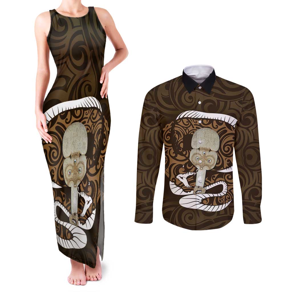 Gold New Zealand Eel Couples Matching Tank Maxi Dress and Long Sleeve Button Shirt Aotearoa Maori Tuna With Kotiate Weapon LT14 Gold - Polynesian Pride