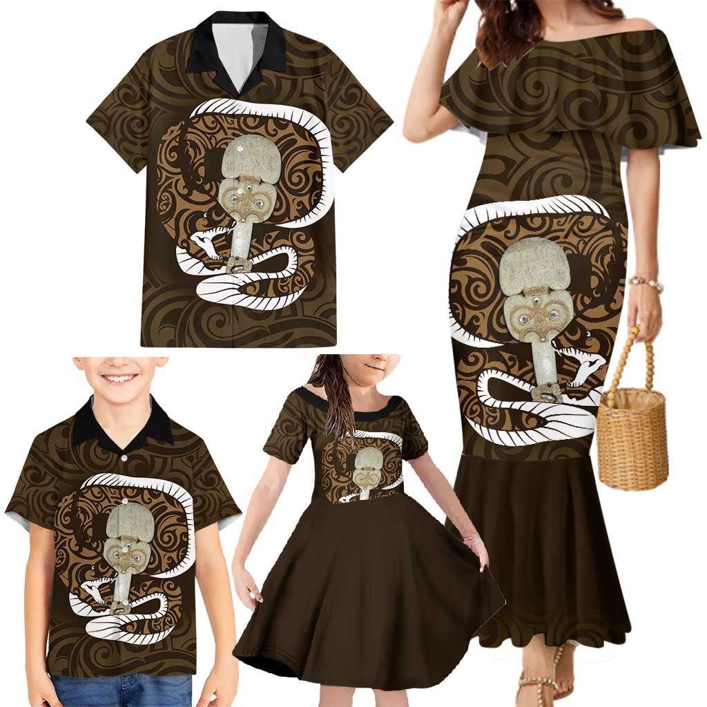 Gold New Zealand Eel Family Matching Mermaid Dress and Hawaiian Shirt Aotearoa Maori Tuna With Kotiate Weapon LT14 - Polynesian Pride