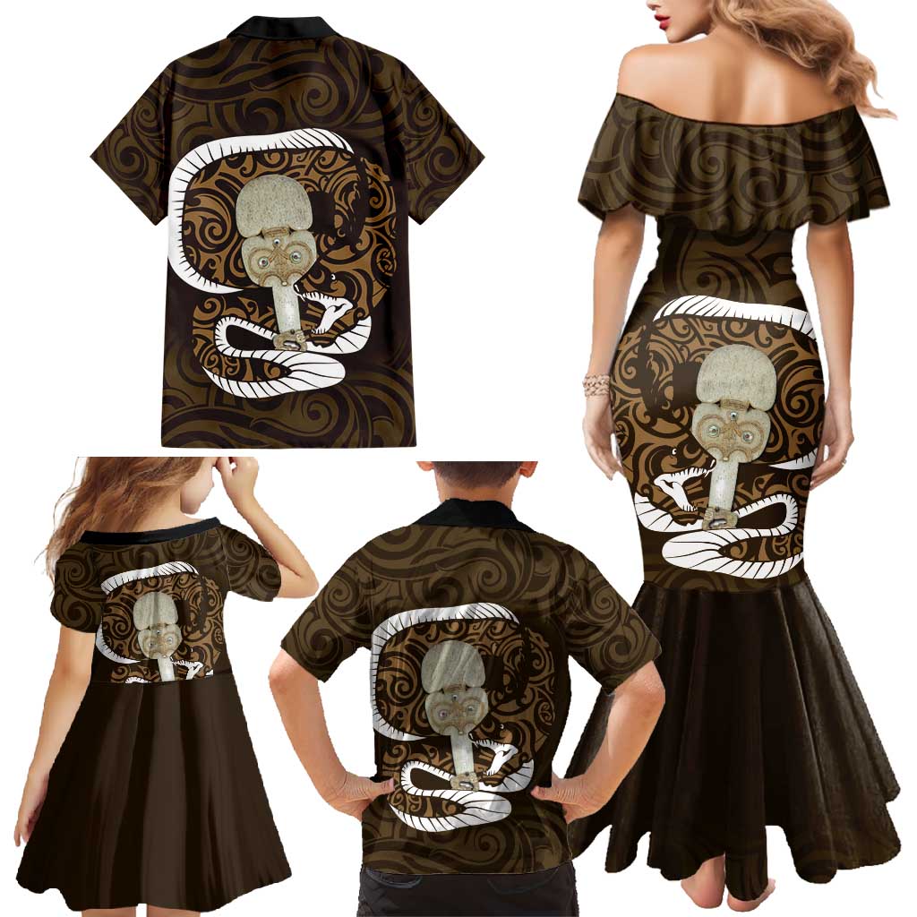 Gold New Zealand Eel Family Matching Mermaid Dress and Hawaiian Shirt Aotearoa Maori Tuna With Kotiate Weapon LT14 - Polynesian Pride