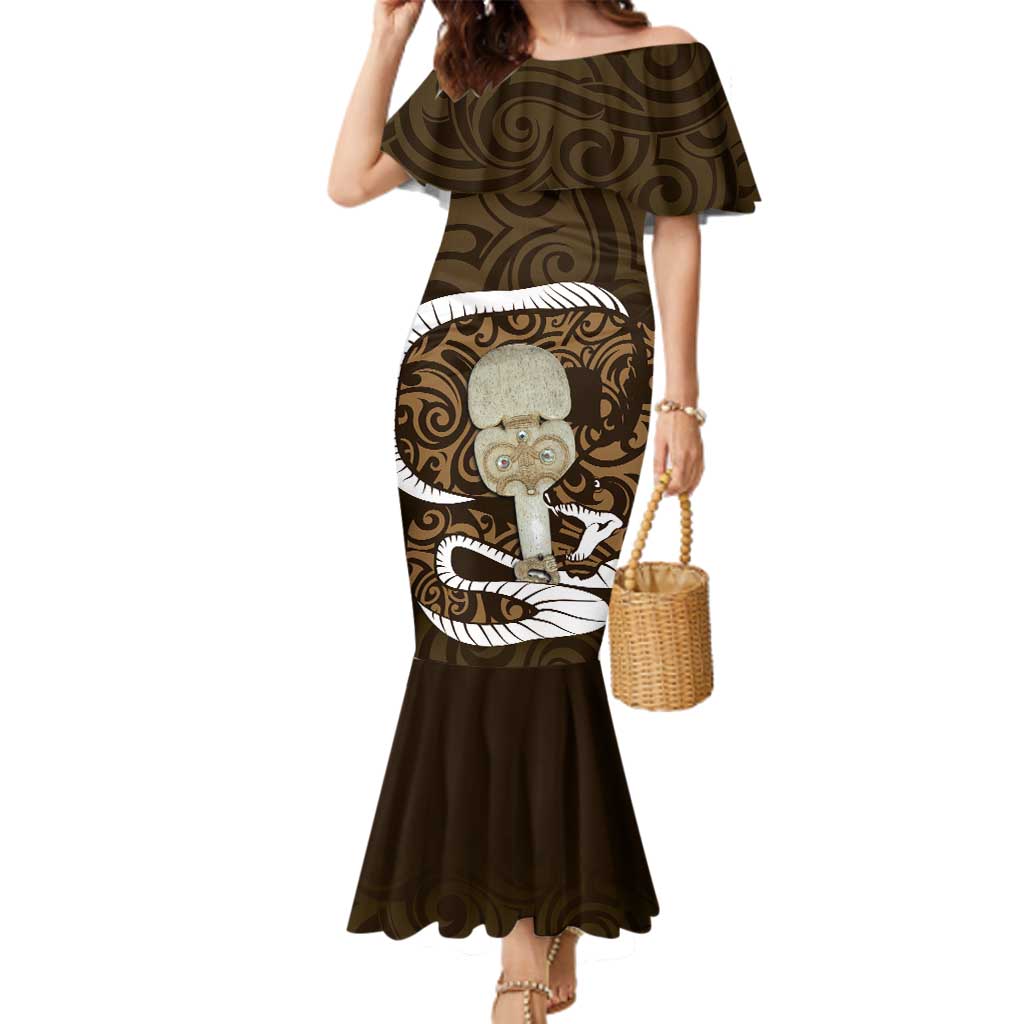 Gold New Zealand Eel Family Matching Mermaid Dress and Hawaiian Shirt Aotearoa Maori Tuna With Kotiate Weapon LT14 Mom's Dress Gold - Polynesian Pride