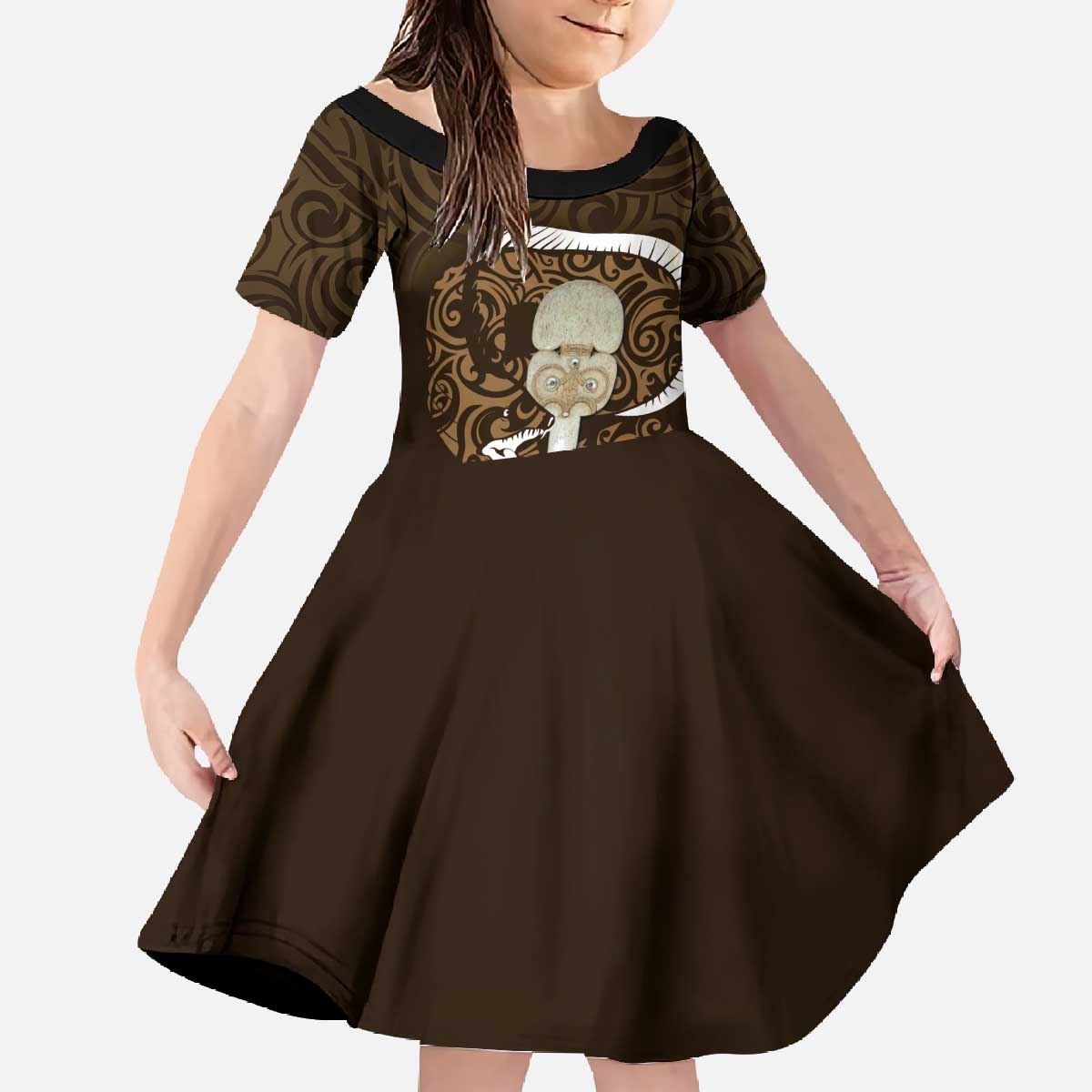 Gold New Zealand Eel Family Matching Off The Shoulder Long Sleeve Dress and Hawaiian Shirt Aotearoa Maori Tuna With Kotiate Weapon LT14 Daughter's Dress Gold - Polynesian Pride