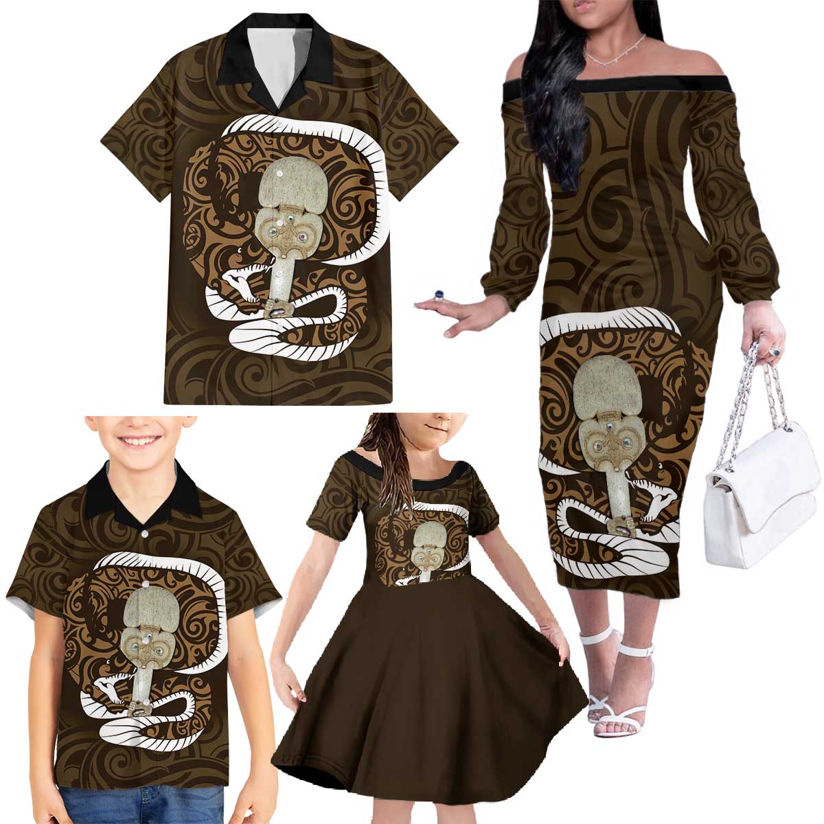 Gold New Zealand Eel Family Matching Off The Shoulder Long Sleeve Dress and Hawaiian Shirt Aotearoa Maori Tuna With Kotiate Weapon LT14 - Polynesian Pride