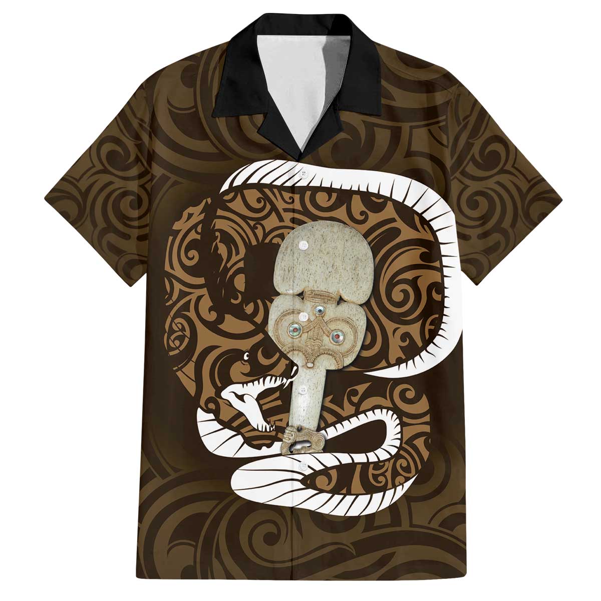 Gold New Zealand Eel Family Matching Off The Shoulder Long Sleeve Dress and Hawaiian Shirt Aotearoa Maori Tuna With Kotiate Weapon LT14 Dad's Shirt - Short Sleeve Gold - Polynesian Pride