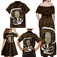 Gold New Zealand Eel Family Matching Off Shoulder Maxi Dress and Hawaiian Shirt Aotearoa Maori Tuna With Kotiate Weapon LT14 - Polynesian Pride