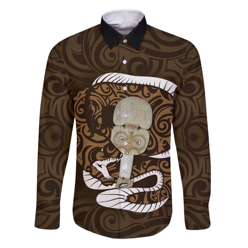 Gold New Zealand Eel Family Matching Off Shoulder Maxi Dress and Hawaiian Shirt Aotearoa Maori Tuna With Kotiate Weapon LT14 Dad's Shirt - Long Sleeve Gold - Polynesian Pride