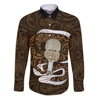 Gold New Zealand Eel Family Matching Off Shoulder Maxi Dress and Hawaiian Shirt Aotearoa Maori Tuna With Kotiate Weapon LT14 Dad's Shirt - Long Sleeve Gold - Polynesian Pride