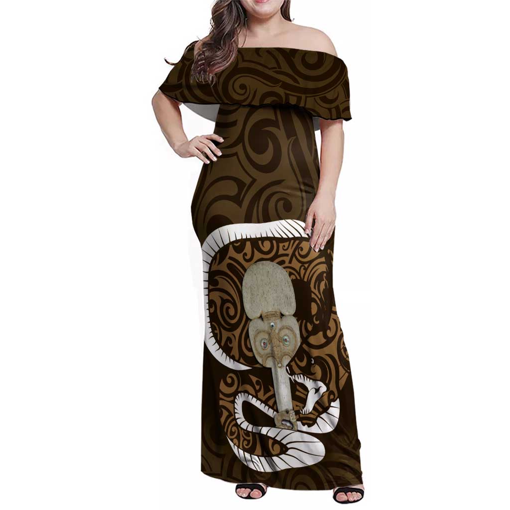 Gold New Zealand Eel Family Matching Off Shoulder Maxi Dress and Hawaiian Shirt Aotearoa Maori Tuna With Kotiate Weapon LT14 Mom's Dress Gold - Polynesian Pride