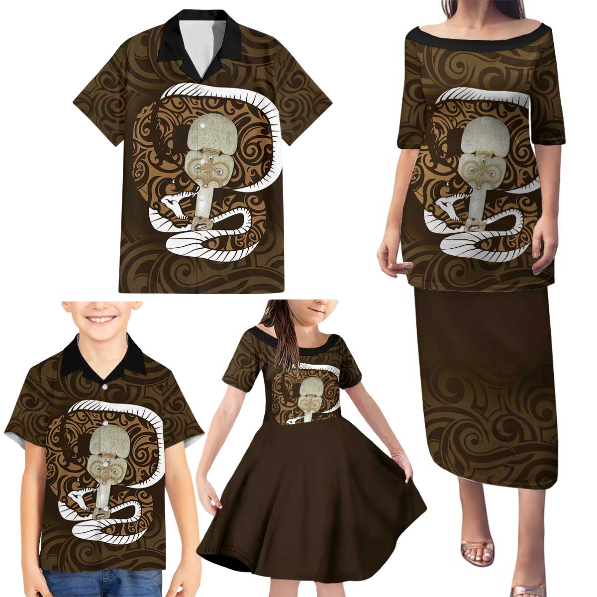 Gold New Zealand Eel Family Matching Puletasi and Hawaiian Shirt Aotearoa Maori Tuna With Kotiate Weapon LT14 - Polynesian Pride