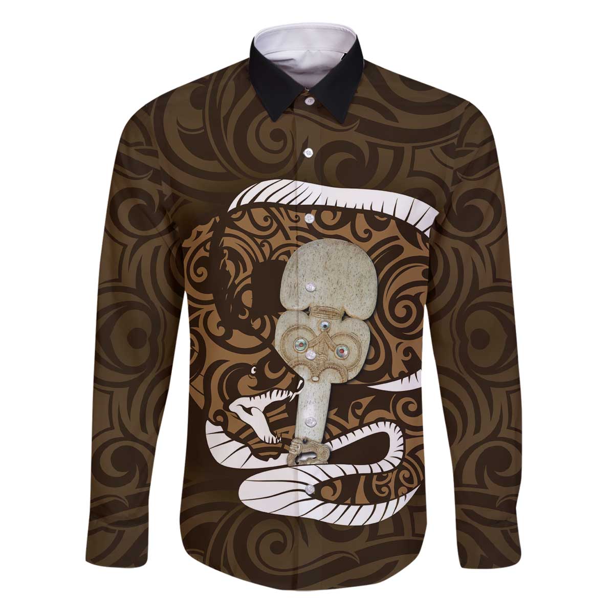 Gold New Zealand Eel Family Matching Puletasi and Hawaiian Shirt Aotearoa Maori Tuna With Kotiate Weapon LT14 Dad's Shirt - Long Sleeve Gold - Polynesian Pride