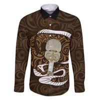 Gold New Zealand Eel Family Matching Puletasi and Hawaiian Shirt Aotearoa Maori Tuna With Kotiate Weapon LT14 Dad's Shirt - Long Sleeve Gold - Polynesian Pride