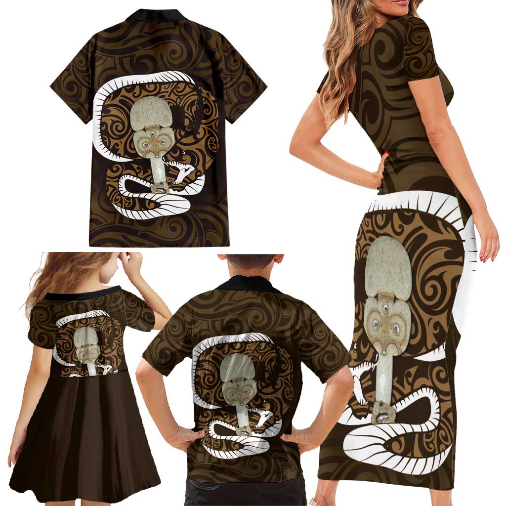Gold New Zealand Eel Family Matching Short Sleeve Bodycon Dress and Hawaiian Shirt Aotearoa Maori Tuna With Kotiate Weapon LT14 - Polynesian Pride