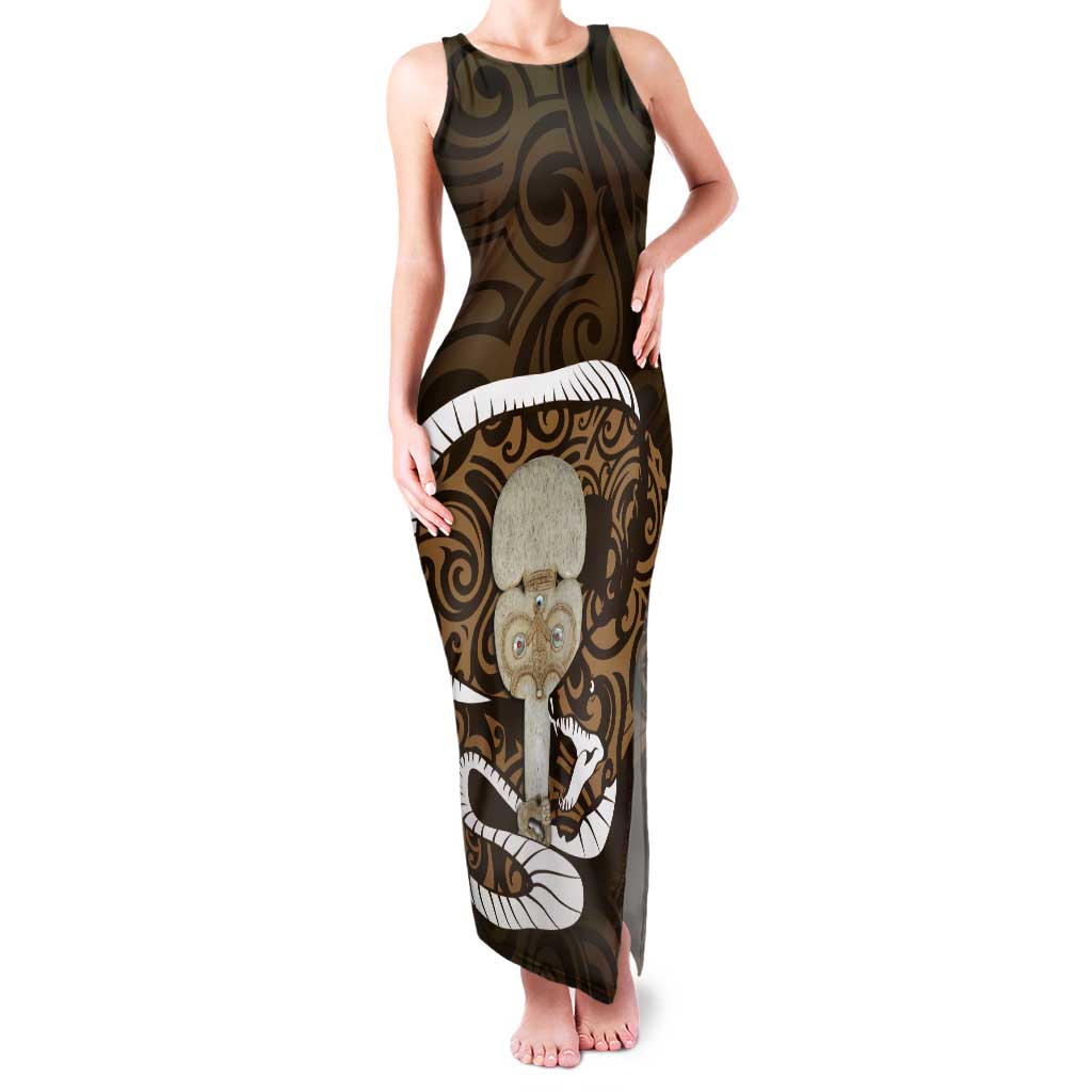 Gold New Zealand Eel Family Matching Tank Maxi Dress and Hawaiian Shirt Aotearoa Maori Tuna With Kotiate Weapon LT14 Mom's Dress Gold - Polynesian Pride