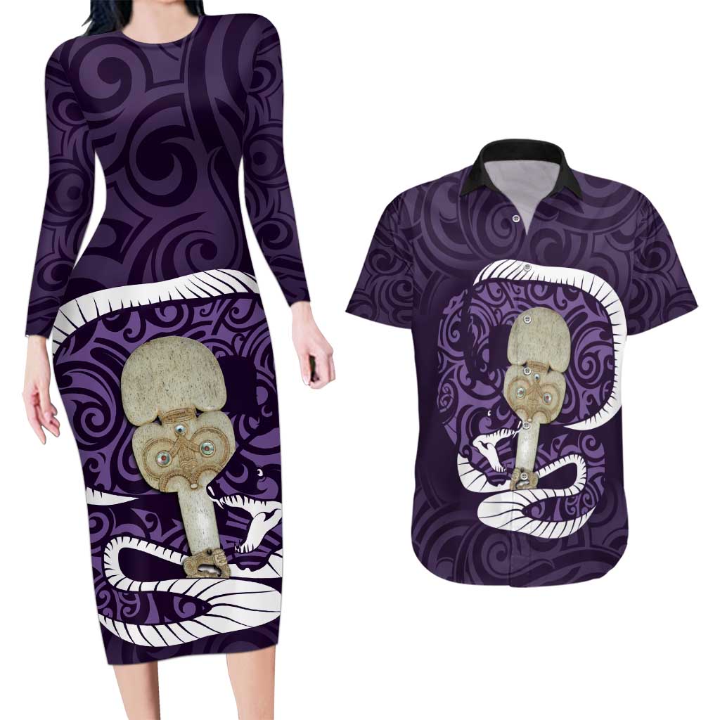 Purple New Zealand Eel Couples Matching Long Sleeve Bodycon Dress and Hawaiian Shirt Aotearoa Maori Tuna With Kotiate Weapon LT14 Purple - Polynesian Pride