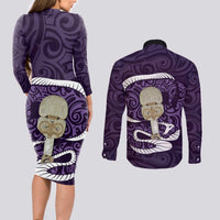 Purple New Zealand Eel Couples Matching Long Sleeve Bodycon Dress and Long Sleeve Button Shirt Aotearoa Maori Tuna With Kotiate Weapon LT14 - Polynesian Pride