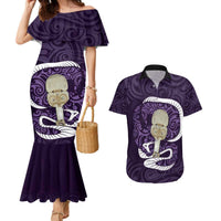Purple New Zealand Eel Couples Matching Mermaid Dress and Hawaiian Shirt Aotearoa Maori Tuna With Kotiate Weapon LT14 Purple - Polynesian Pride