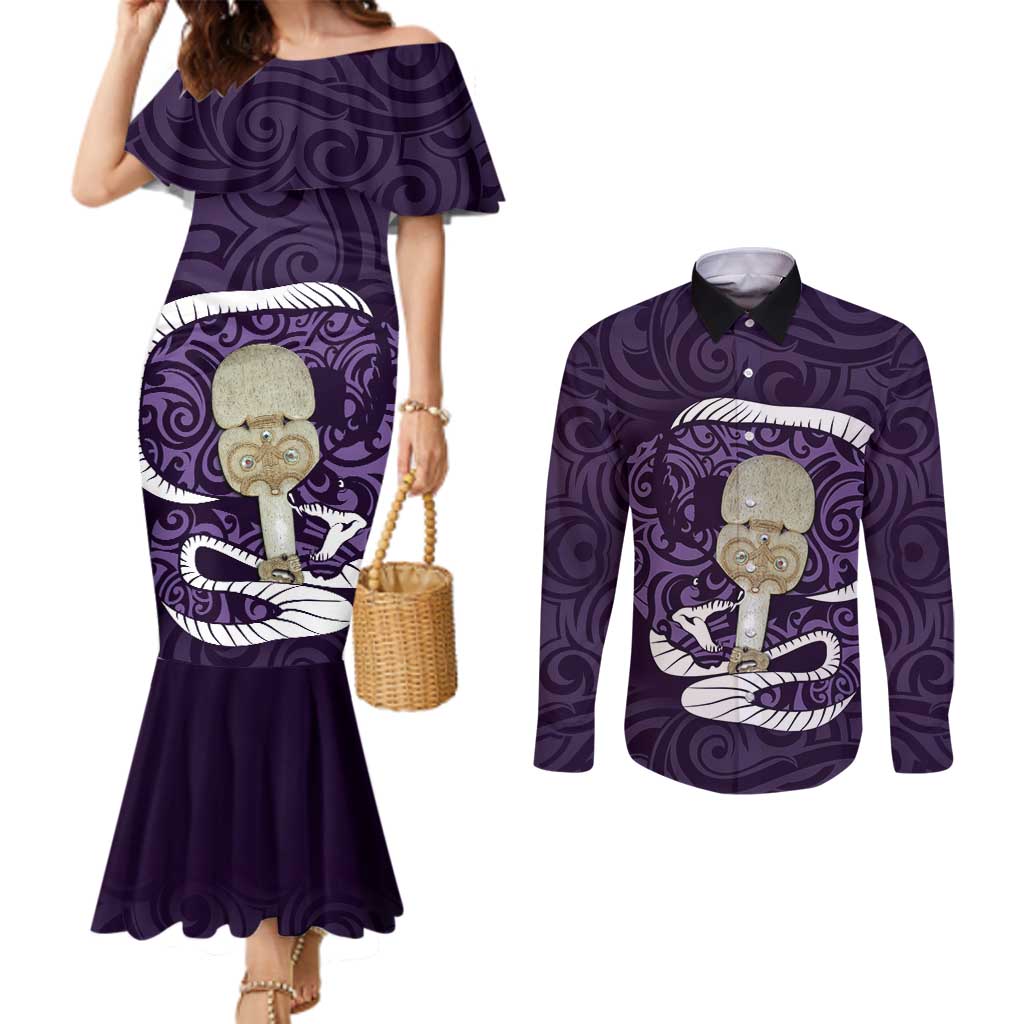 Purple New Zealand Eel Couples Matching Mermaid Dress and Long Sleeve Button Shirt Aotearoa Maori Tuna With Kotiate Weapon LT14 Purple - Polynesian Pride