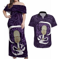 Purple New Zealand Eel Couples Matching Off Shoulder Maxi Dress and Hawaiian Shirt Aotearoa Maori Tuna With Kotiate Weapon LT14 Purple - Polynesian Pride