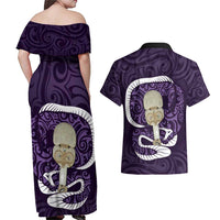 Purple New Zealand Eel Couples Matching Off Shoulder Maxi Dress and Hawaiian Shirt Aotearoa Maori Tuna With Kotiate Weapon LT14 - Polynesian Pride