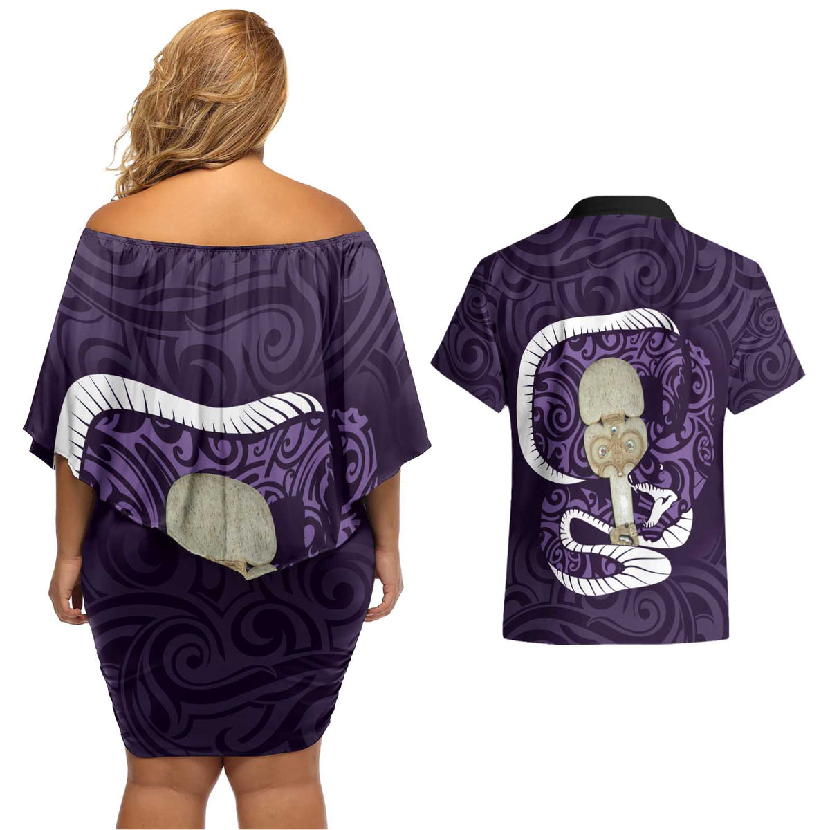 Purple New Zealand Eel Couples Matching Off Shoulder Short Dress and Hawaiian Shirt Aotearoa Maori Tuna With Kotiate Weapon LT14 - Polynesian Pride