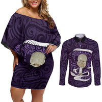 Purple New Zealand Eel Couples Matching Off Shoulder Short Dress and Long Sleeve Button Shirt Aotearoa Maori Tuna With Kotiate Weapon LT14 Purple - Polynesian Pride