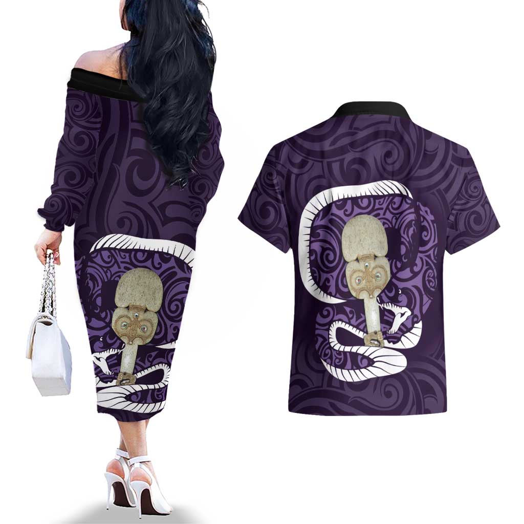 Purple New Zealand Eel Couples Matching Off The Shoulder Long Sleeve Dress and Hawaiian Shirt Aotearoa Maori Tuna With Kotiate Weapon LT14 - Polynesian Pride