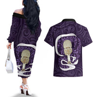 Purple New Zealand Eel Couples Matching Off The Shoulder Long Sleeve Dress and Hawaiian Shirt Aotearoa Maori Tuna With Kotiate Weapon LT14 - Polynesian Pride