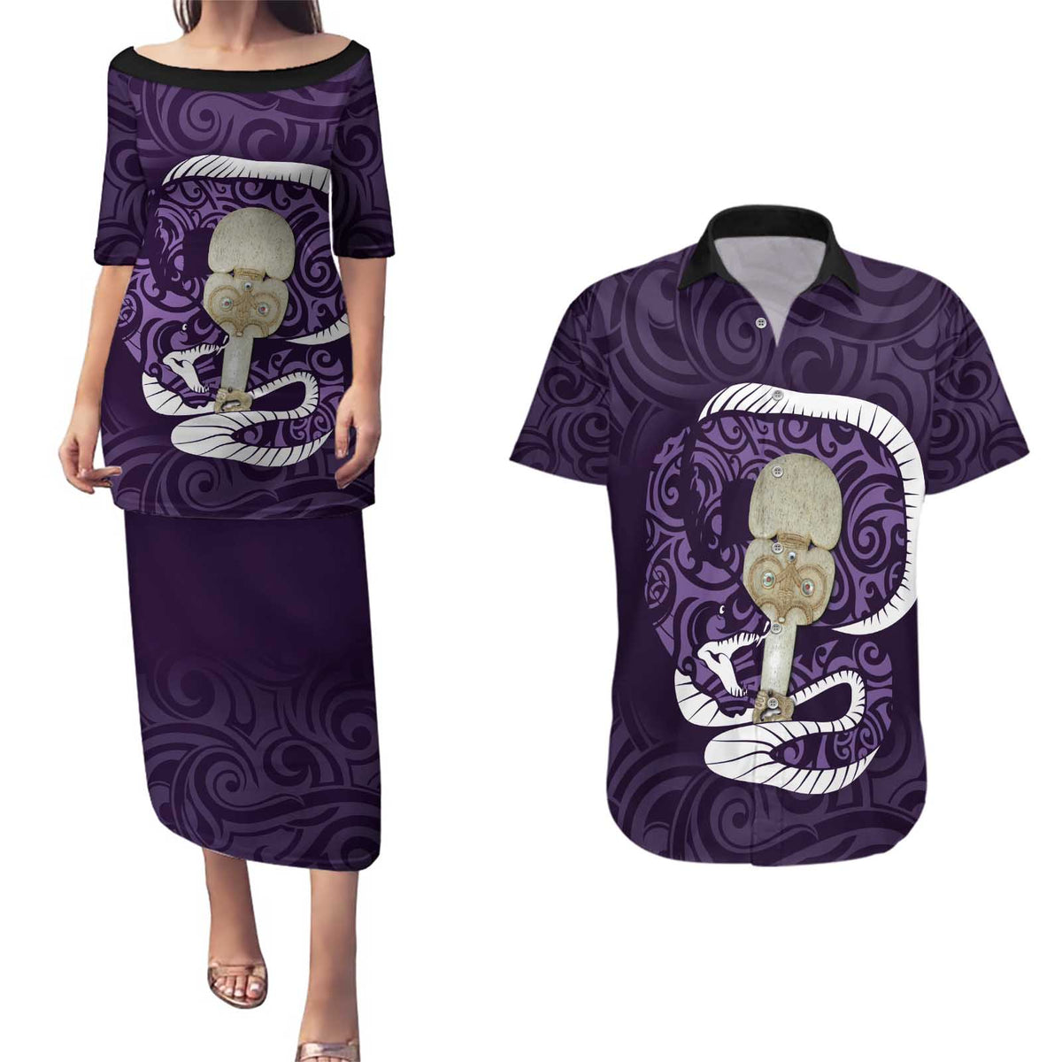 Purple New Zealand Eel Couples Matching Puletasi and Hawaiian Shirt Aotearoa Maori Tuna With Kotiate Weapon LT14 Purple - Polynesian Pride