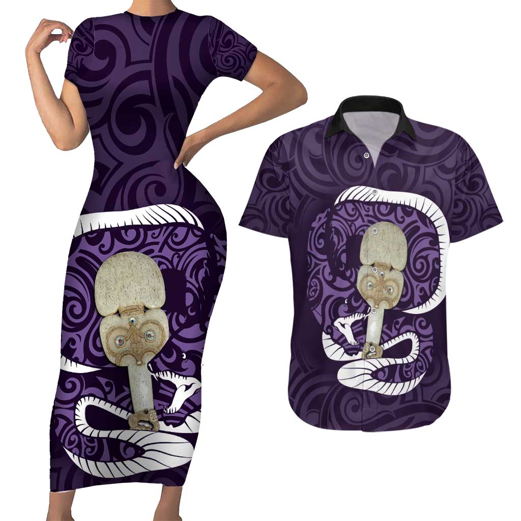 Purple New Zealand Eel Couples Matching Short Sleeve Bodycon Dress and Hawaiian Shirt Aotearoa Maori Tuna With Kotiate Weapon LT14 Purple - Polynesian Pride