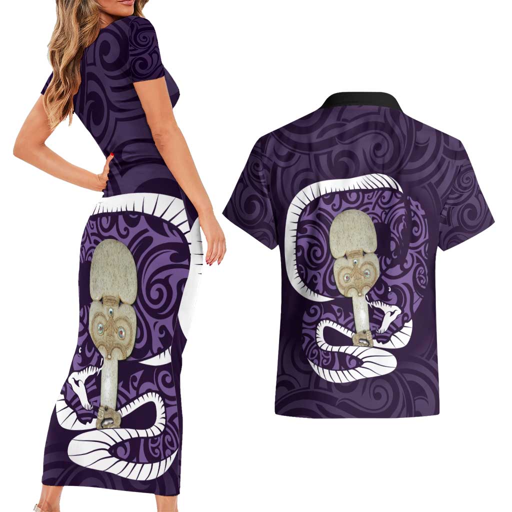 Purple New Zealand Eel Couples Matching Short Sleeve Bodycon Dress and Hawaiian Shirt Aotearoa Maori Tuna With Kotiate Weapon LT14 - Polynesian Pride