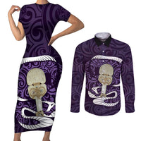 Purple New Zealand Eel Couples Matching Short Sleeve Bodycon Dress and Long Sleeve Button Shirt Aotearoa Maori Tuna With Kotiate Weapon LT14 Purple - Polynesian Pride