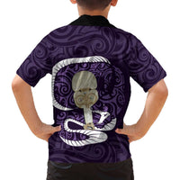 Purple New Zealand Eel Family Matching Off The Shoulder Long Sleeve Dress and Hawaiian Shirt Aotearoa Maori Tuna With Kotiate Weapon LT14 - Polynesian Pride