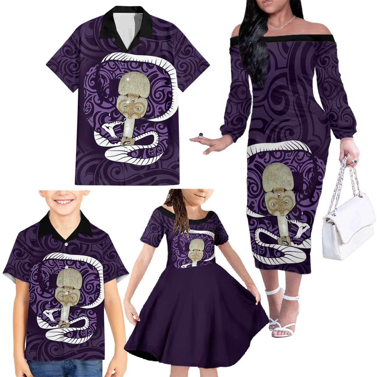 Purple New Zealand Eel Family Matching Off The Shoulder Long Sleeve Dress and Hawaiian Shirt Aotearoa Maori Tuna With Kotiate Weapon LT14 - Polynesian Pride