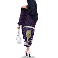 Purple New Zealand Eel Family Matching Off The Shoulder Long Sleeve Dress and Hawaiian Shirt Aotearoa Maori Tuna With Kotiate Weapon LT14 - Polynesian Pride