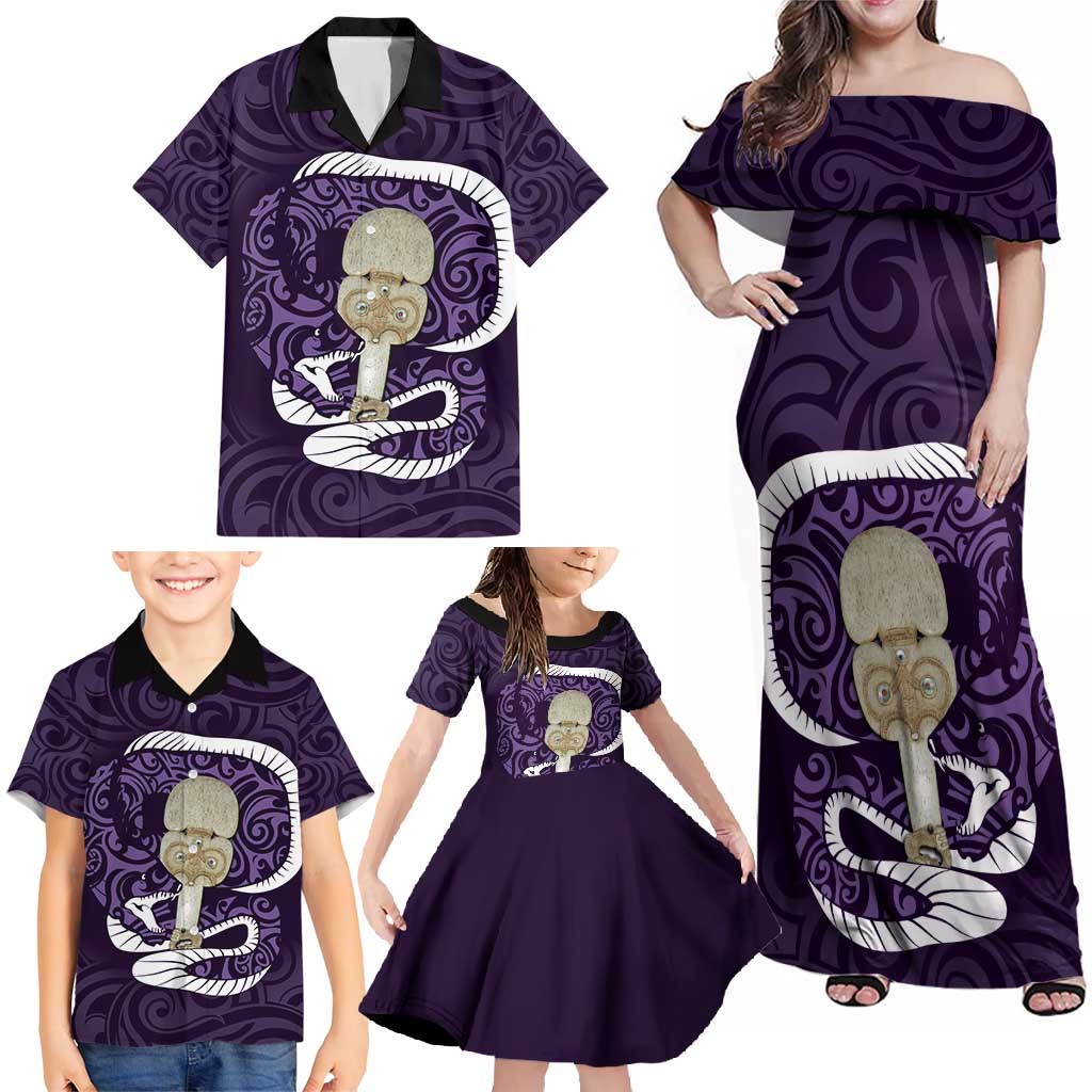 Purple New Zealand Eel Family Matching Off Shoulder Maxi Dress and Hawaiian Shirt Aotearoa Maori Tuna With Kotiate Weapon LT14 - Polynesian Pride