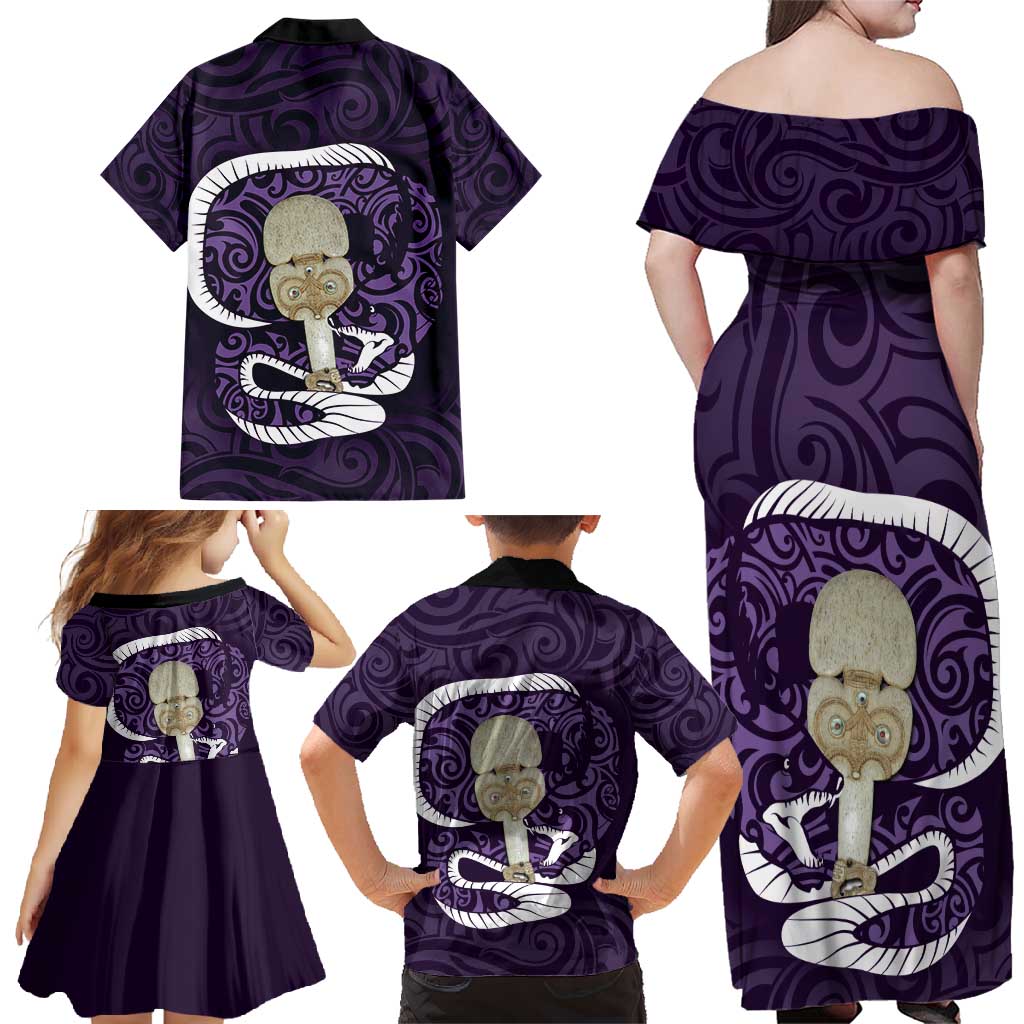 Purple New Zealand Eel Family Matching Off Shoulder Maxi Dress and Hawaiian Shirt Aotearoa Maori Tuna With Kotiate Weapon LT14 - Polynesian Pride