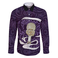 Purple New Zealand Eel Family Matching Off Shoulder Maxi Dress and Hawaiian Shirt Aotearoa Maori Tuna With Kotiate Weapon LT14 Dad's Shirt - Long Sleeve Purple - Polynesian Pride
