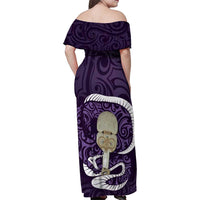 Purple New Zealand Eel Family Matching Off Shoulder Maxi Dress and Hawaiian Shirt Aotearoa Maori Tuna With Kotiate Weapon LT14 - Polynesian Pride