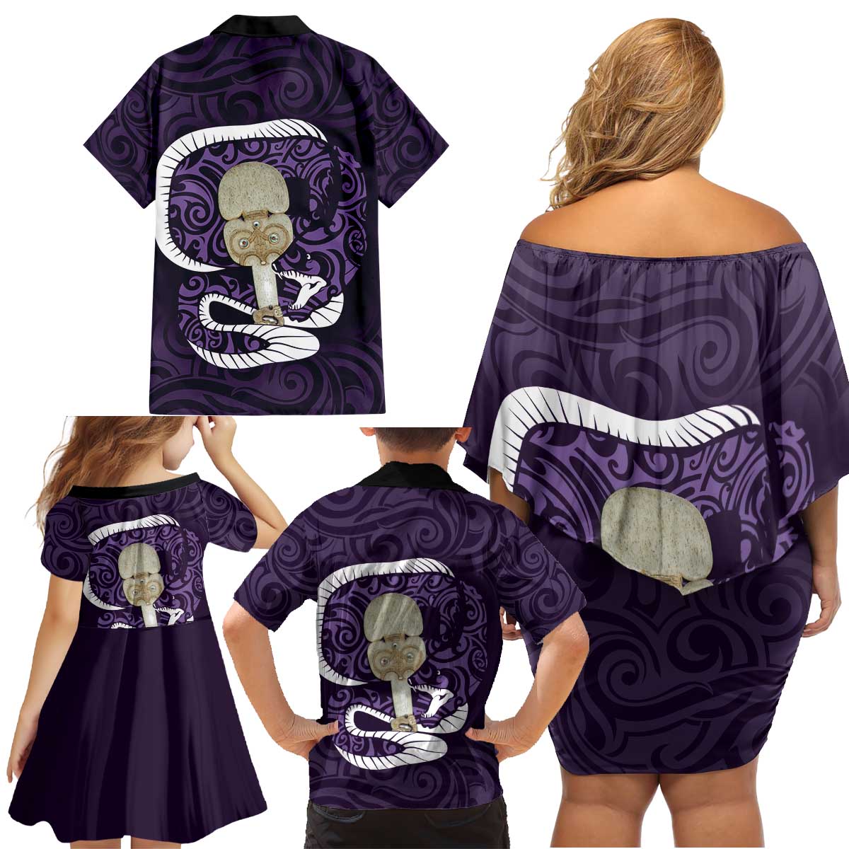 Purple New Zealand Eel Family Matching Off Shoulder Short Dress and Hawaiian Shirt Aotearoa Maori Tuna With Kotiate Weapon LT14 - Polynesian Pride