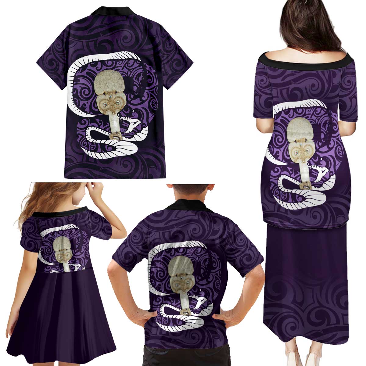 Purple New Zealand Eel Family Matching Puletasi and Hawaiian Shirt Aotearoa Maori Tuna With Kotiate Weapon LT14 - Polynesian Pride