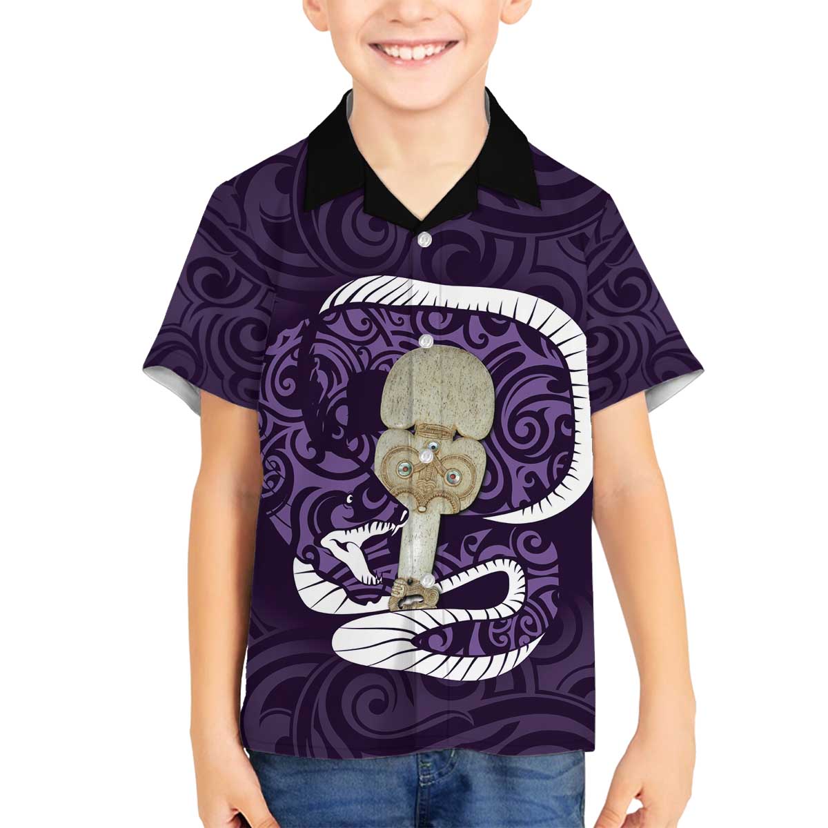 Purple New Zealand Eel Family Matching Puletasi and Hawaiian Shirt Aotearoa Maori Tuna With Kotiate Weapon LT14 Son's Shirt Purple - Polynesian Pride