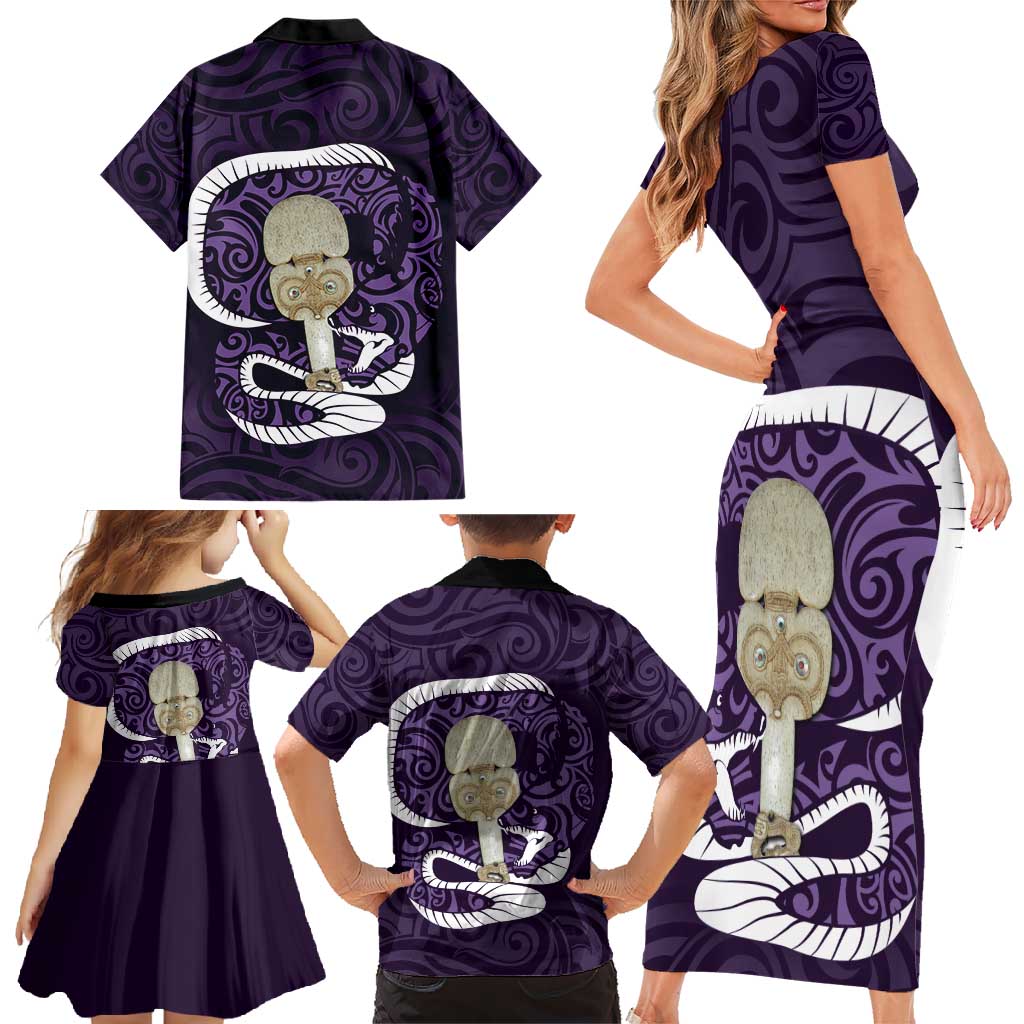 Purple New Zealand Eel Family Matching Short Sleeve Bodycon Dress and Hawaiian Shirt Aotearoa Maori Tuna With Kotiate Weapon LT14 - Polynesian Pride